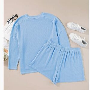 Plus Size Textured Long Sleeve Top Drawstring Shorts Set